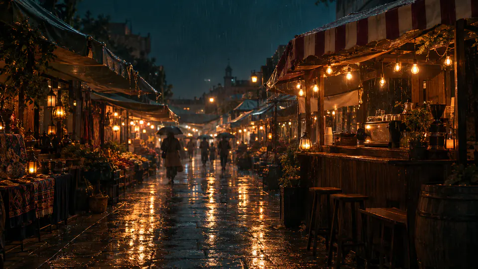 Wide shot of a night market in steady rain, a coffee stall glowing on the right