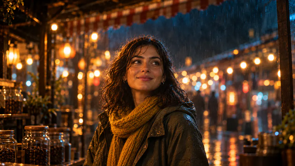Last frame of the awning shot: Mara under the striped awning in the rain