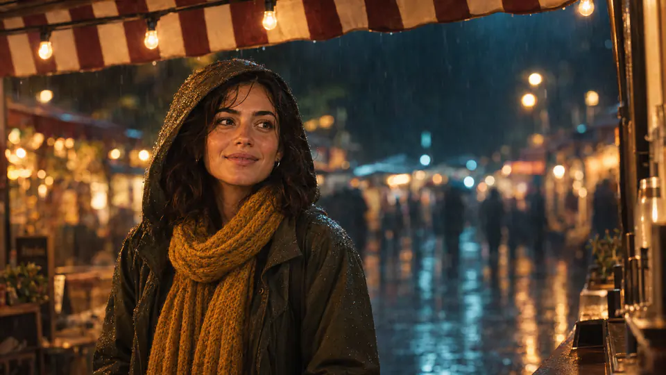 Mara steps out of the rain under a striped awning, hood up