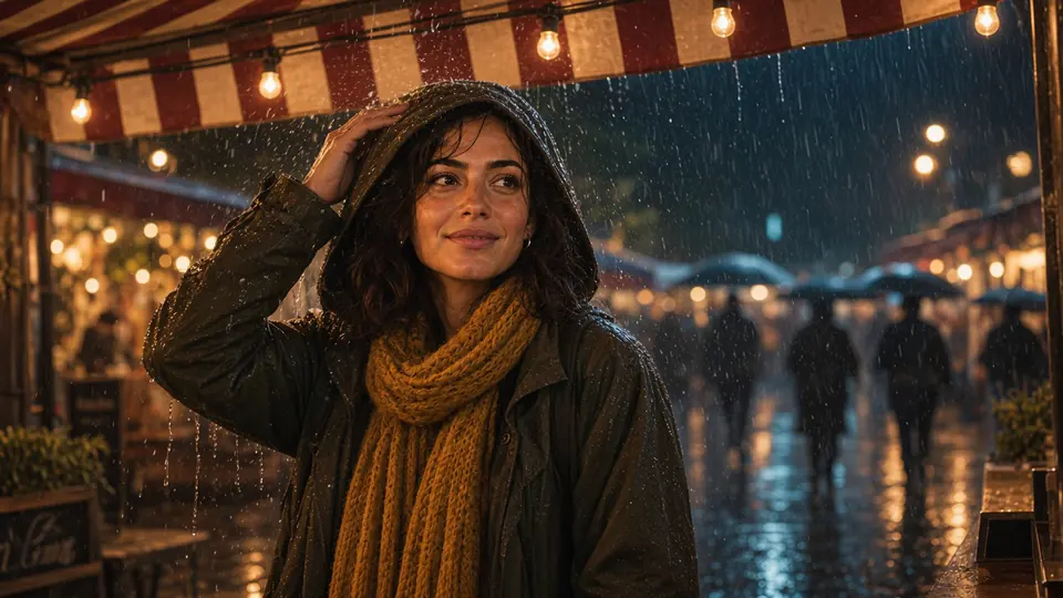 Third take: Mara lowers her hood under a striped awning, the rainy market lit behind her