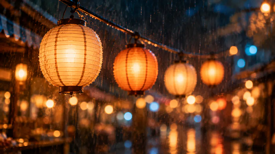 Paper lanterns sway on a wire, rain falling through their light