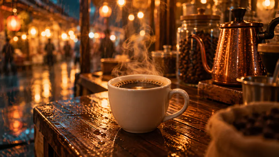 A white cup of black coffee on a wet counter, steam catching the light