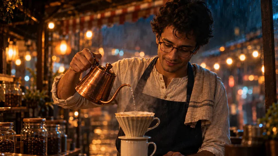 Ken pours from a copper kettle, steam rising between him and the camera
