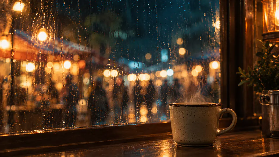 Rain runs down a window, a cup steaming on the sill inside