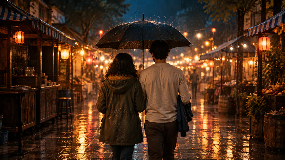 Mara and Ken share one umbrella down a wet market lane, seen from behind