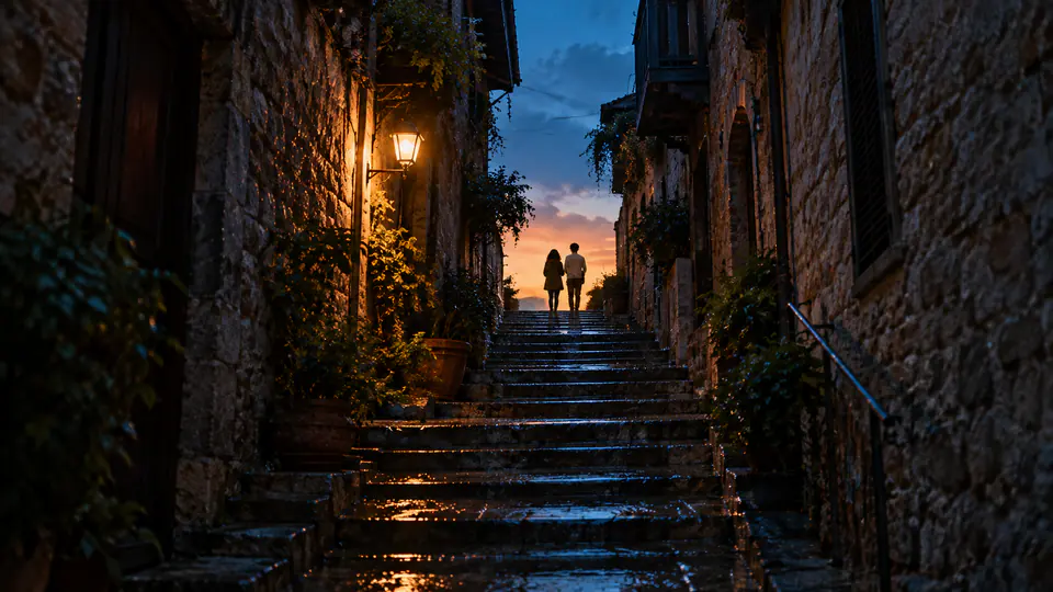Stone steps climb between old buildings as the sky turns to dawn