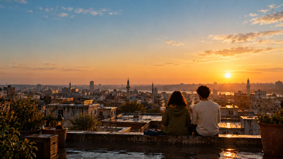 A rooftop at dawn after the rain, two small figures holding their cups